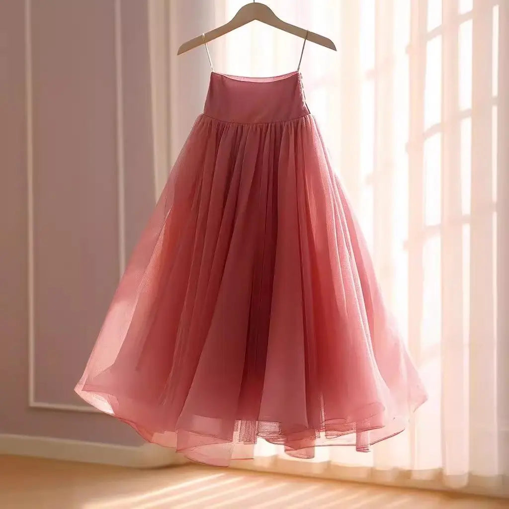Women's fashion trend this year is dopamine rose pink high waisted A-line chiffon skirt for women  pleated skirt