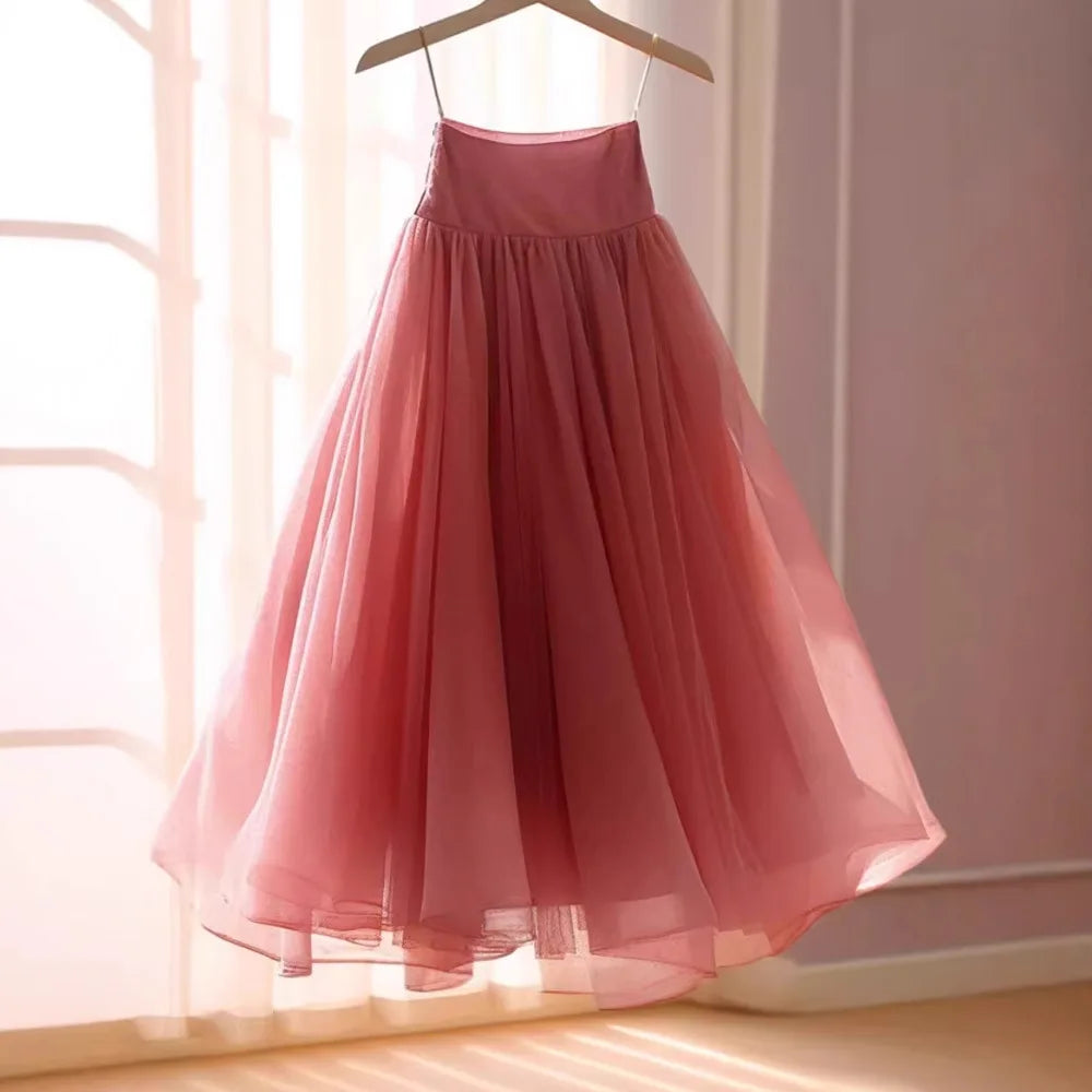 Women's fashion trend this year is dopamine rose pink high waisted A-line chiffon skirt for women  pleated skirt